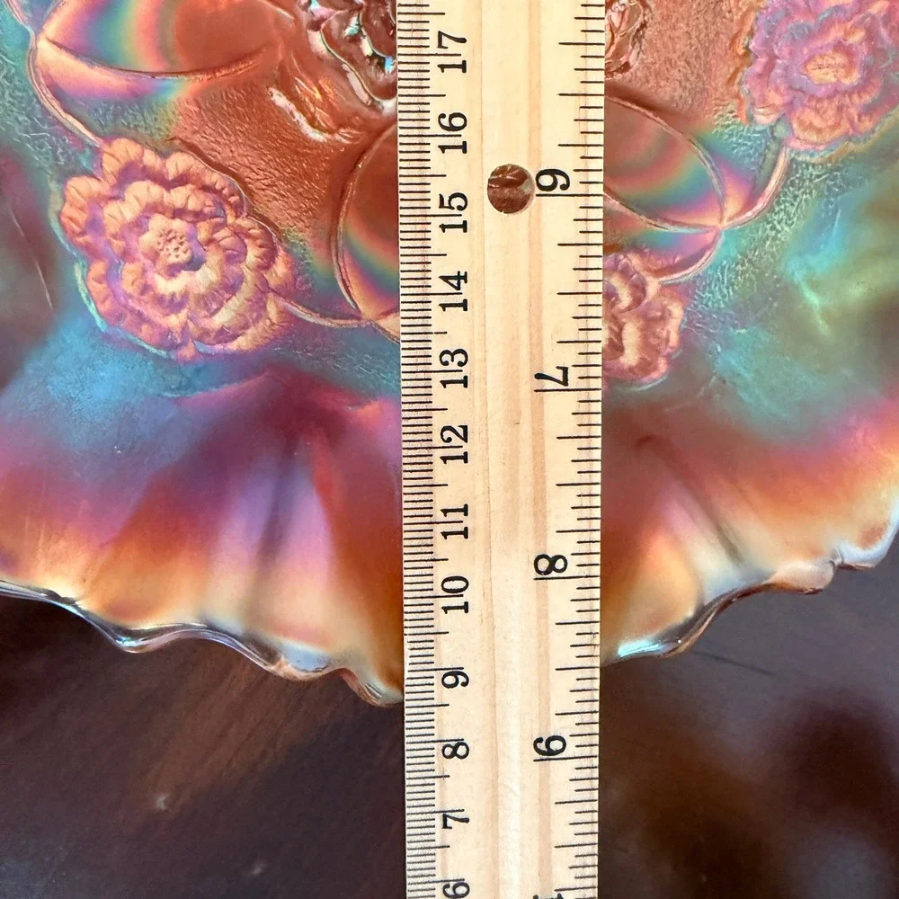 Vintage‎ Dugan Carnival Glass Bowl Marigold Ruffled Pedestal Compote Iridescent